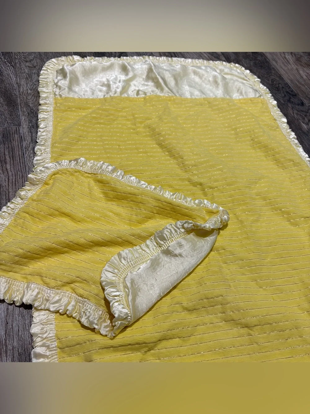 Vtg Handmade Baby Blanket W/ Pillowcase Yellow Satin Trim & Backing Gold Stripe
